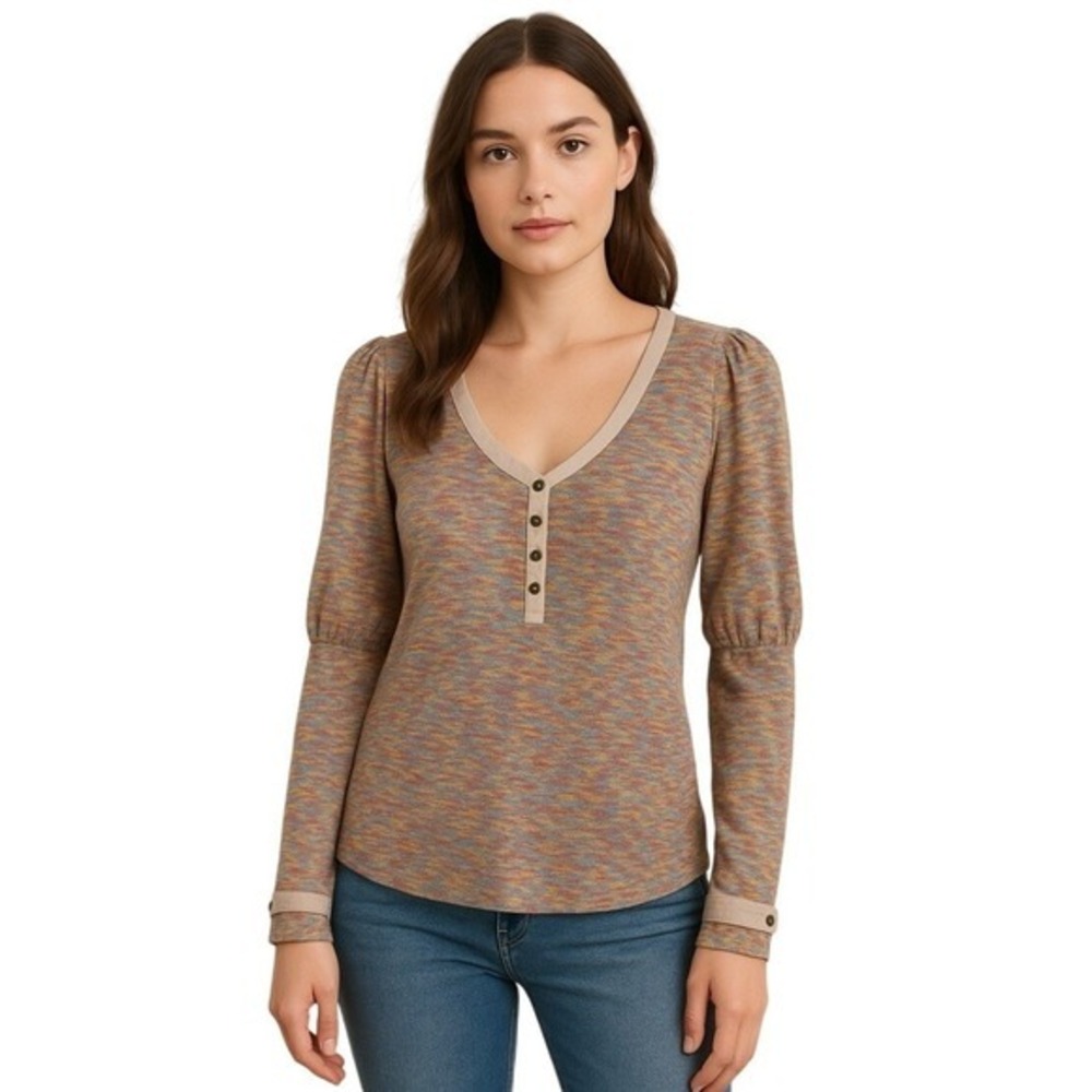 By Anthropologie Puff-Sleeved Knit Henley Multicolor Waffle Knit Top sz M